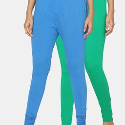 TSG Bliss Women Pack Of 2 Green & Blue Solid Churidar-Length Leggings-image-84