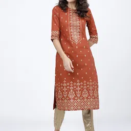 Vishudh Women Rust Orange Ethnic Motifs Printed Cotton Kurta-image-10