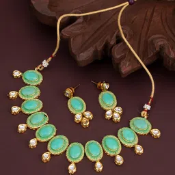 Sukkhi Gold-Plated Turquoise Blue & Green Kundan-Studded Meenakari Jewellery Set-picture-15