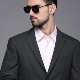 Louis Philippe Men Black Self Design Double-Breasted Slim Fit Formal Blazer-image-76