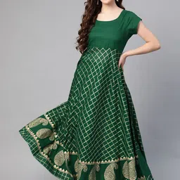MBE Women Green & Golden Checked Anarkali Kurta-image-29