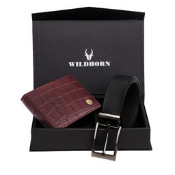 WildHorn Men Maroon & Black RFID Protected Genuine Leather Accessory Gift Set-image-71