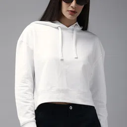 Roadster Women White Solid Boxy Fit Drop Shoulder Hooded Sweatshirt-image-29