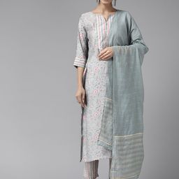 Ginni Arora Label Floral Printed Sequinned Chanderi Silk Kurta with Trousers & Dupatta-picture-12