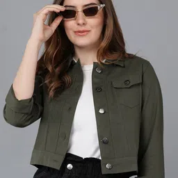 MONTREZ Women Olive Green Crop Denim Jacket-32