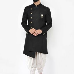 KISAH Men Black & White Solid Cotton Sherwani-image-54