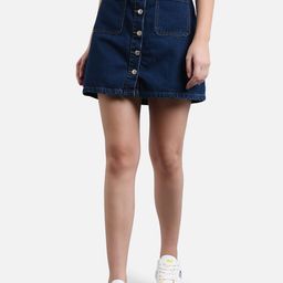 Kotty Women Navy Blue Solid Denim A-Line Mini Skirt-image-90