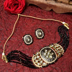 Moedbuille Gold-Plated Black Kundan Onyx Beaded Hand Painted Meenakari Jewellery Set-20