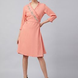 Marie Claire Women Peach Solid Wrap Dress-image-92