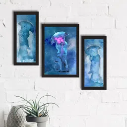 eCraftIndia Set Of 3 Blue & White Loving Couple Under Umbrella Valentine Theme Satin Matt Texture Art Paintings-picture-4