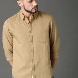 Roadster Men Khaki Regular Fit Cotton Linen Casual Sustainable Shirt-picture-9