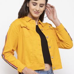 VOXATI Women Yellow Solid Denim Jacket-image-35