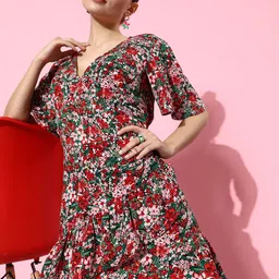 EVERYDAY by ANI Multicoloured Floral Print Flared Sleeves Wrap Dress with Ruffles-picture-35