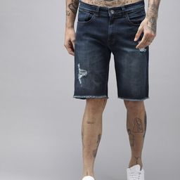 BEAT LONDON by PEPE JEANS Men Blue Washed Distressed Denim Shorts-image-98