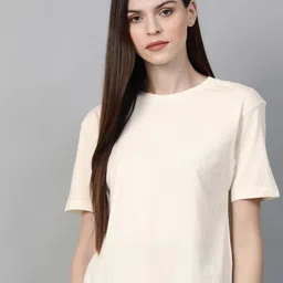 Roadster Women Off-White Solid Round Neck T-shirt-image-31