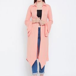 Hypernation Peach-Coloured Solid Open Front Bell Sleeves Longline Shrug-38
