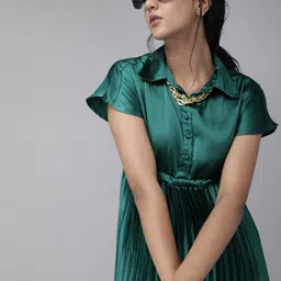 The Dry State Women Teal Blue Solid Fit and Flare Dress-picture-37