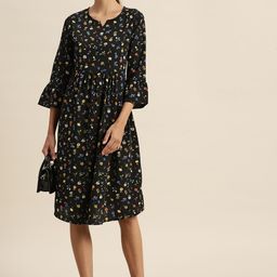 her by invictus Black & Yellow Floral Printed A-Line Dress-picture-5