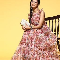 Inddus Women Multi Coloured Floral Printed Organza Maxi Dress-picture-10