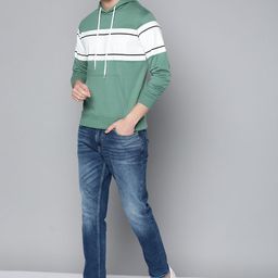 Mast & Harbour Men Green & White Striped Hooded Sweatshirt-picture-39