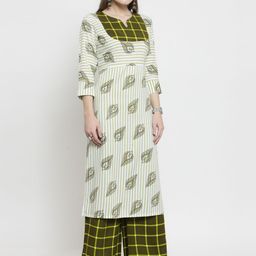 Indibelle Women Off-White & Olive Green Printed Straight Kurta-image-33