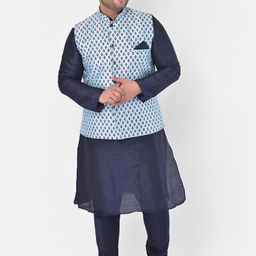 DEYANN PLUS Men Blue Nehru Jacket, Kurta And Churidar Set-57