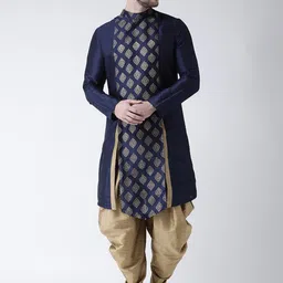 DEYANN Men Navy Blue & Gold-Coloured Woven Design Asymmetric Straight Kurta-picture-31