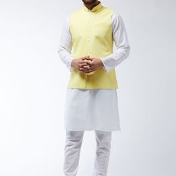 SOJANYA Men White & Yellow Solid Kurta And Churidar With Jacket-11