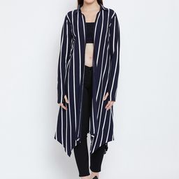 Hypernation Navy Blue & White Striped Open Front Shrug-52