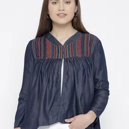 Xpose Women Blue & Red Embroidered Indigo Denim Shrug-16