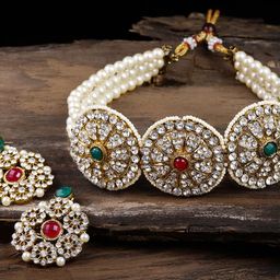Zaveri Pearls Gold-Plated Red & Green Austrian Diamonds-Studded Multi Strand Pearl Choker Jewellery Set-43