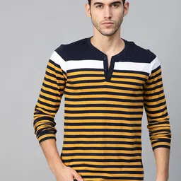 Roadster Men Navy Blue & Mustard Yellow Striped Henley Neck T-shirt-image-53