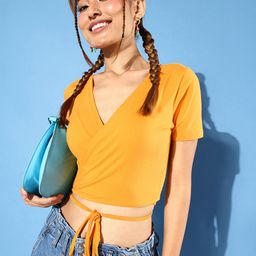 People Orange Waist Tie-Ups Wrap Crop Top-image-15