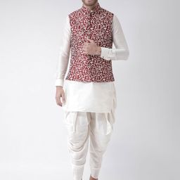 DEYANN Men Red & Off-White Dupion Silk Kurta Set-image-95