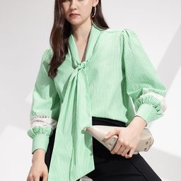 her by invictus Striped Tie-Up Neck Puff Sleeve Pure Cotton Top-picture-58