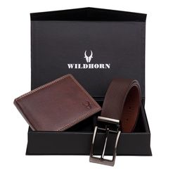 WildHorn Men Maroon & Brown RFID Protected Genuine Leather Accessory Gift Set-image-50