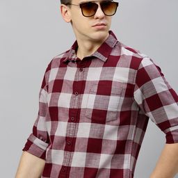 HERE&NOW Men Maroon & Off-White Slim Fit Checked Sustainable Casual Shirt-image-85