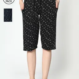 VIMAL JONNEY Women Black & Navy Blue Pack of 2 Printed Lounge Shorts-image-49