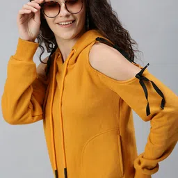 Campus Sutra Women Mustard Yellow Cold Shoulder Hooded Sweatshirt-picture-10
