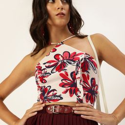 Veni Vidi Vici Women White & Red Floral Printed Lace up Back Tank Crop Top-image-25