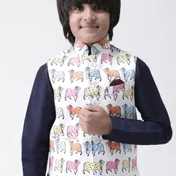 Hangup Boys White & Blue Printed Nehru Jacket-31