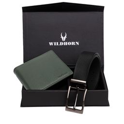 WildHorn Men Green & Black RFID Protected Genuine Leather Accessory Gift Set-image-63