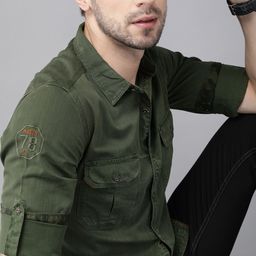 Roadster Men Olive Green Regular Fit Self-Striped Casual Shirt-image-62
