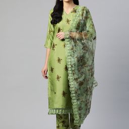 RAJGRANTH Women Floral Printed Silk Chiffon Kurta with Trousers & With Dupatta-picture-12