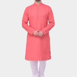 SG LEMAN Men Peach-Coloured & White Solid Panelled Kurta with Churidar-16