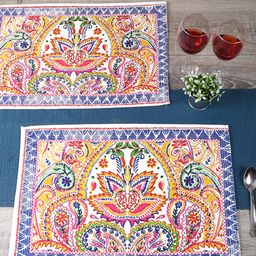 HOME AFFAIRS Set Of 6 Blue & Yellow Ethnic Motifs Cotton Table Placemats-4