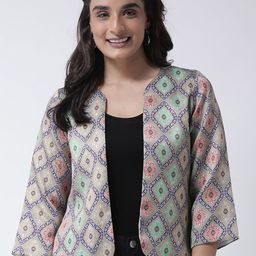 Hangup Women Grey & Blue Printed Open Front Shrug-20