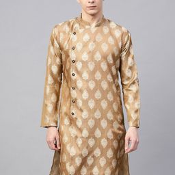 SOJANYA Men Brown & Gold-Toned Woven Design Jacquard Silk Straight Kurta-picture-48