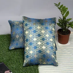 Alina decor Blue & Gold-Toned Set of 2 Geometric Rectangle Cushion Covers-46