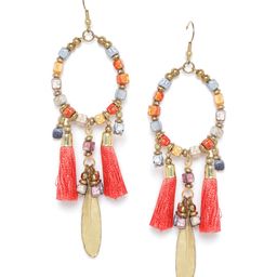 RICHEERA Coral Red & Blue Gold-Plated Beaded Tasselled Oval Drop Earrings-2